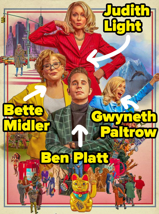 The official poster from The Politician shows illustrated likenesses of several characters and visual motifs from the show including Judith Light, Bette Midler, Gwyneth Paltrow, and Ben Platt whose names are written across the poster