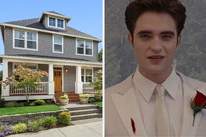 An image of a modern two story home and another image of Edward smiling in a white suit 