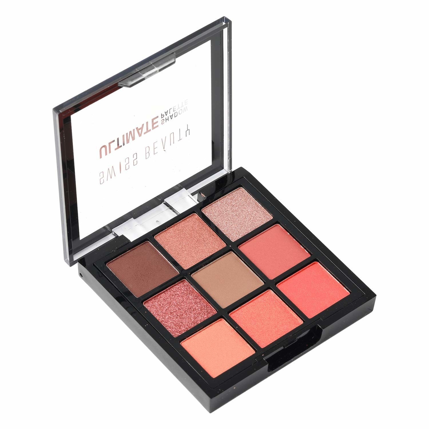 The palette has nude, pink, and brown shades in both matte and shimmery finishes