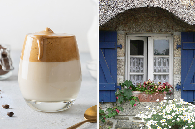 On the left, a whipped coffee, and on the right, the windows of a cottage with flowers in the windows