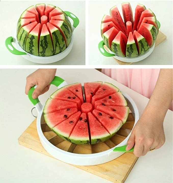 Watermelon being cut with the slicer.