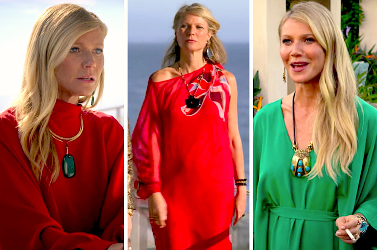 A split image made up of stills from The Politician showing Gwyneth Paltrow with her long blonde hair wearing two red kaftans in first two images, and a green katfan in the third image