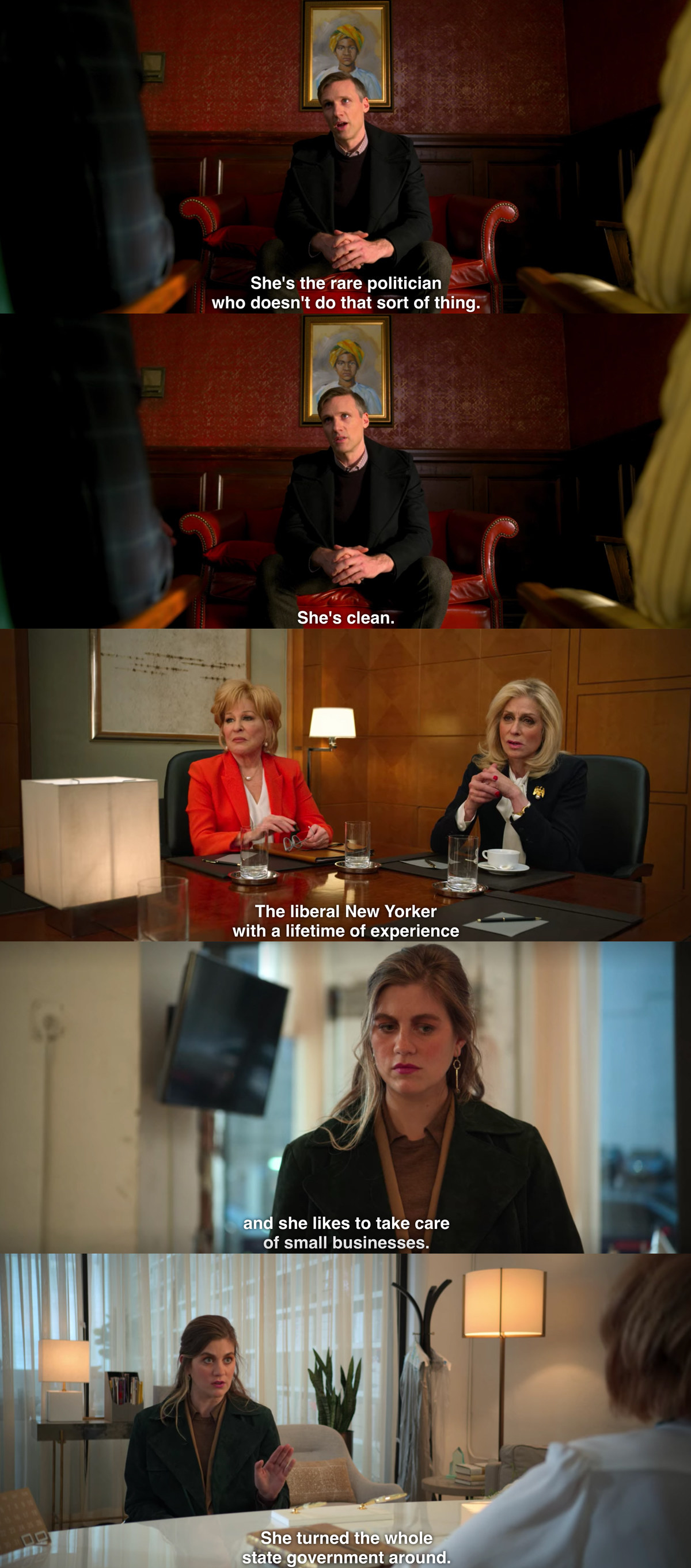 A split image from The Politician showing three characters each praising Dede Standish saying things like she&#x27;s not a corrupt politician, she&#x27;s clean, and she&#x27;s a liberal new yorker with a lifetime of experience and she takes care of small businesses