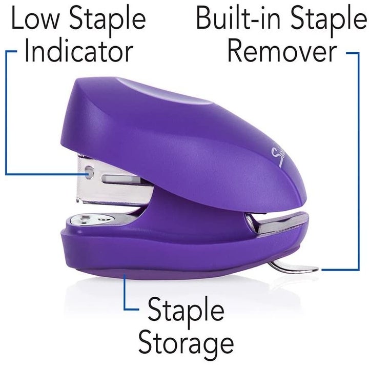 A diagram of a miniature stapler showing a low staple indicator on the side a staple storage on the bottom and a staple remover on the back
