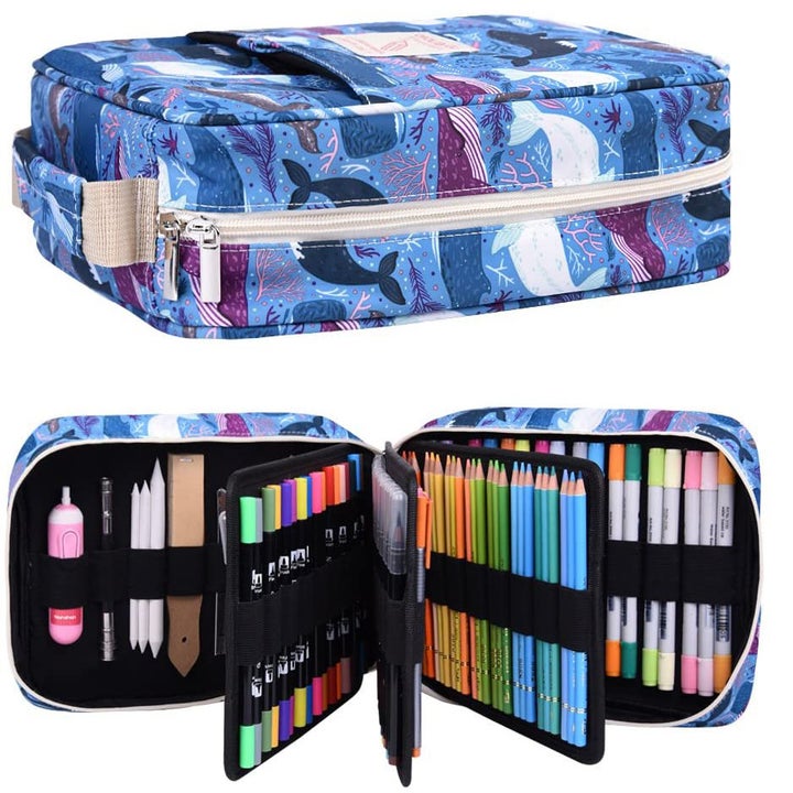 A rectangular pencil case open and filled with colouring pencils  It has elastic bands across the middle to organize the colouring pencils