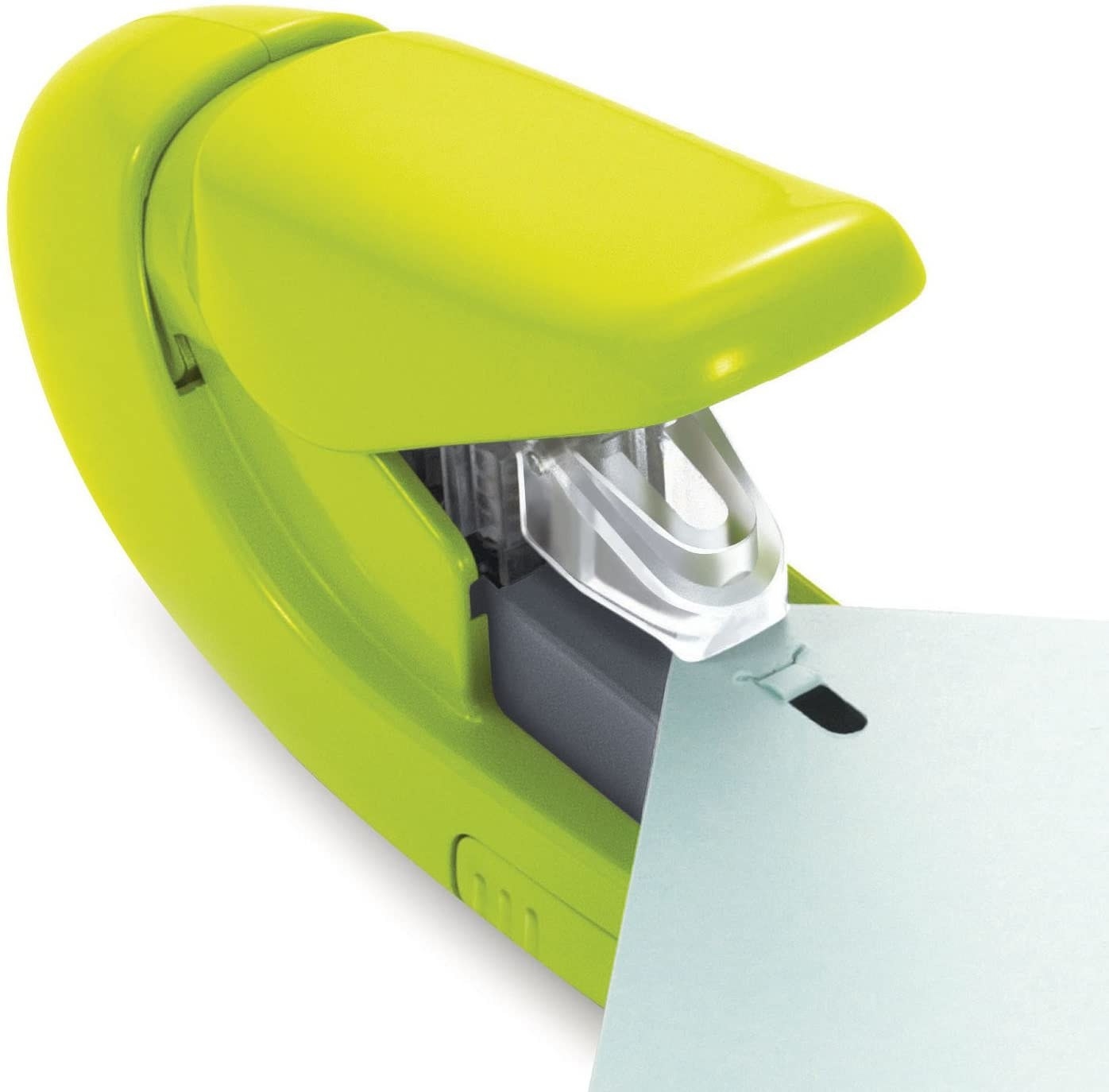 A stack of paper sitting in the teeth of a miniature staple-free stapler 