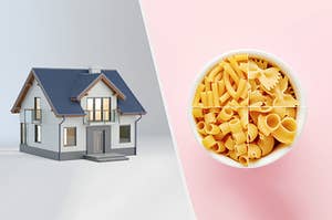A 3D rendered house next to a bowl filled with various pasta