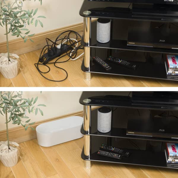 Before-and-after of a messy pile of cable wires, and then the box concealing all the wires