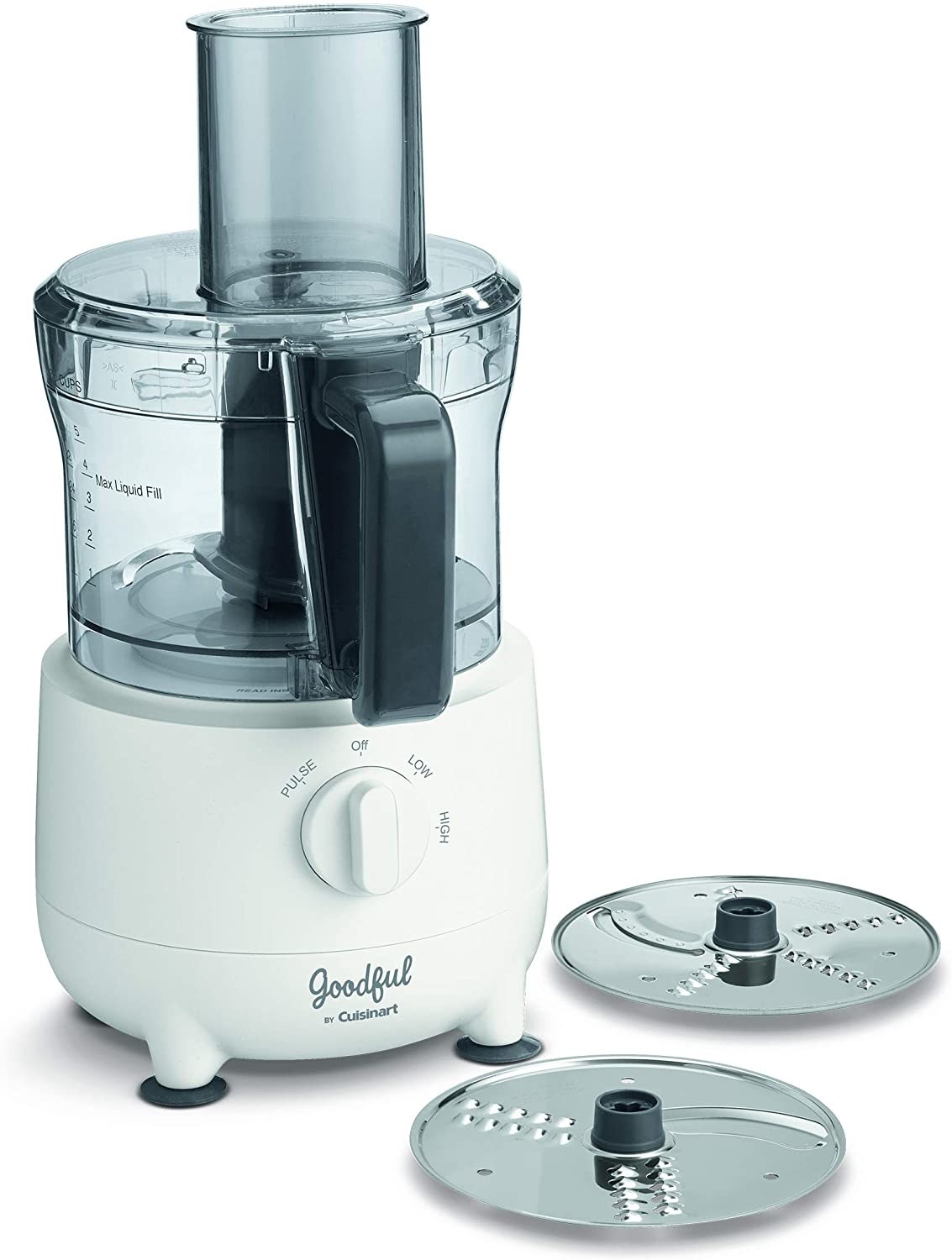 A food processor with a white base and control for pulse, low, or high rotary, with a reversible slicing and shedding disk