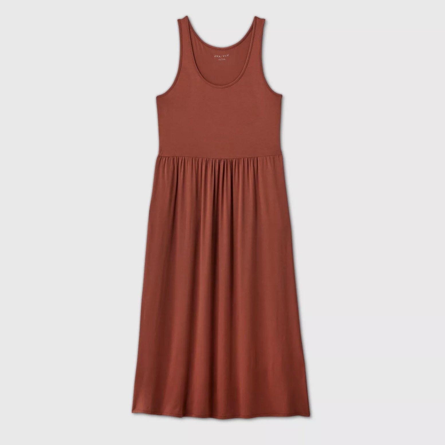 An image of a maroon sleeveless dress with a cinched waistline