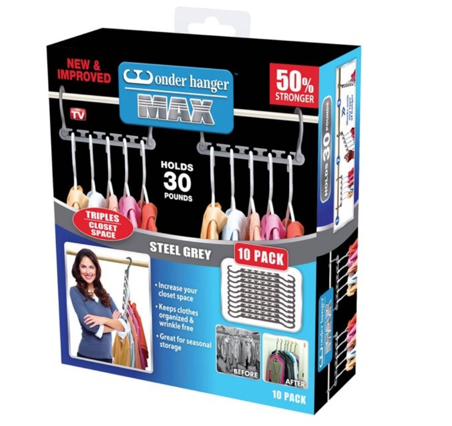 Packaging featuring gray hangers holding even more hangers