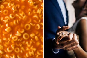 On the left, a closeup of alphabet soup, and on the right, a bride and groom hold hands on their wedding day, and the bride's shiny diamond engagement ring is on full display