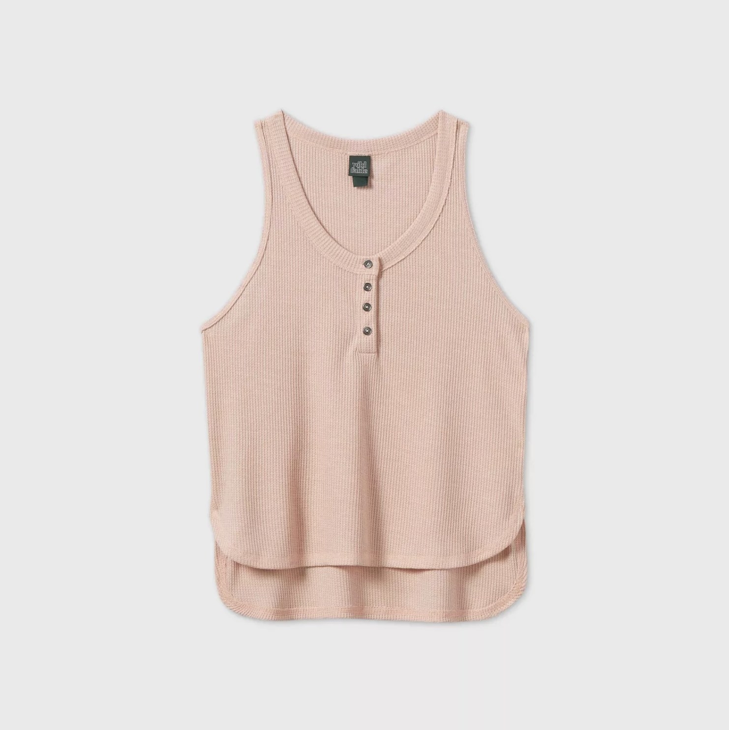 An image of a blush pink tank top with a button design on the neckline