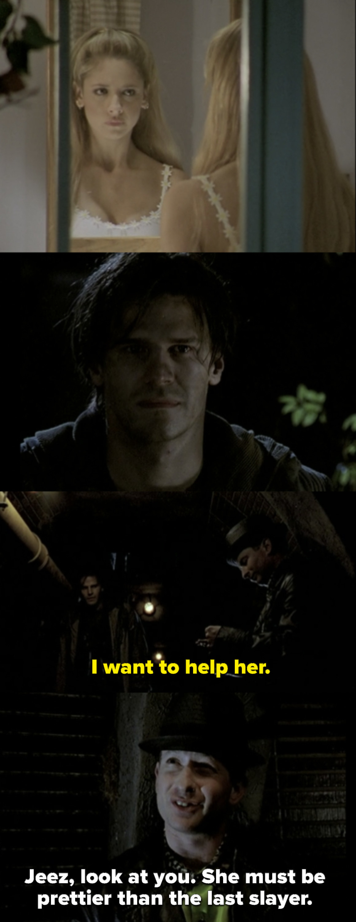 Angel sees Buffy crying through the window, then tells the demon giving him advice that he wants to help her. He replies that the Slayer must be prettier than the last