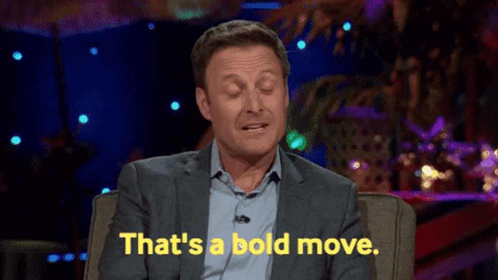 Gif of Chris Harrison on Bachelor in Paradise reunion saying &quot;that&#x27;s a bold move&quot; with a contestant replying, &quot;I&#x27;m a bold girl&quot;