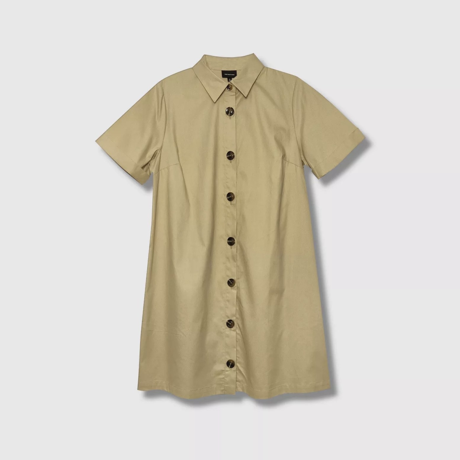 An image of a khaki midi short sleeve dress with big black buttons down the front and a collared neckline