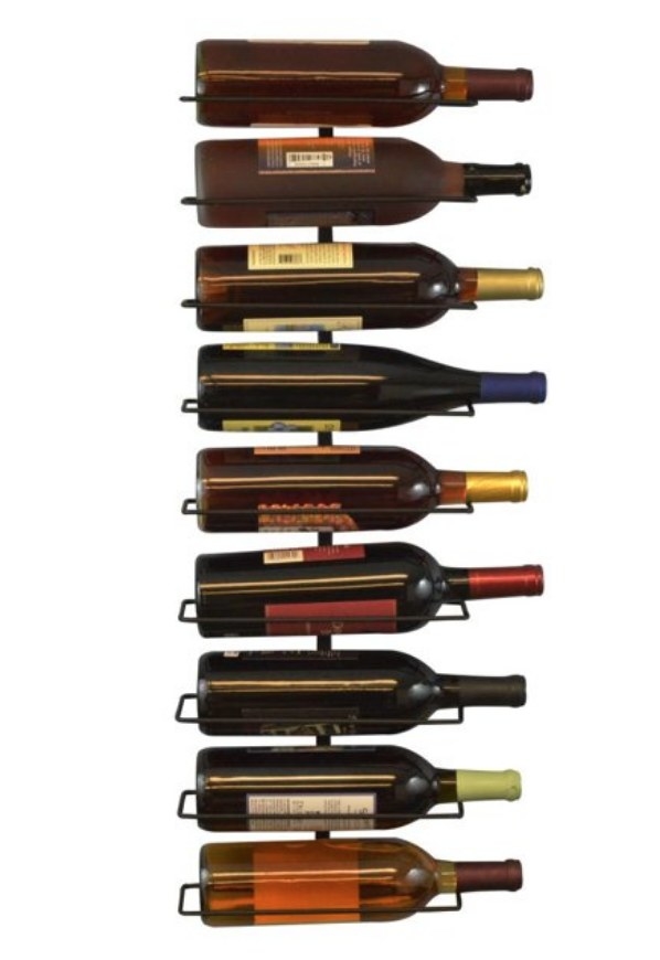 Black metal wine bottle organizer holding nine wine bottles horizontally