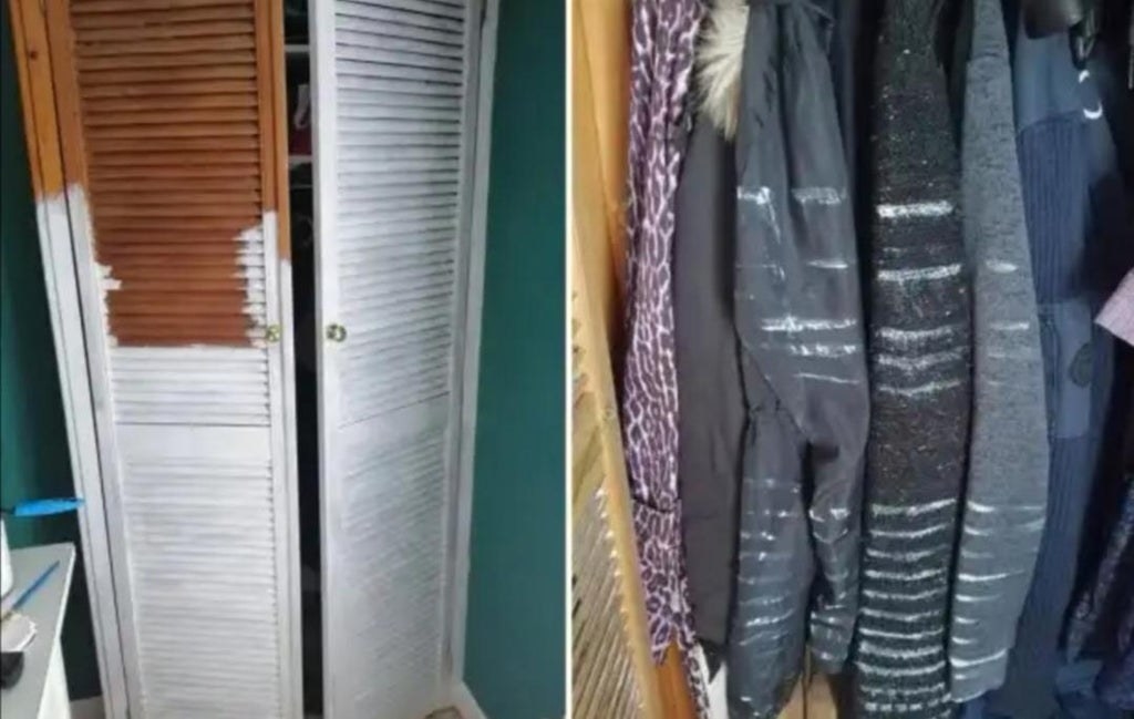 on the left is a half painted white closet and the right is a bunch of clothes inside with paint on them