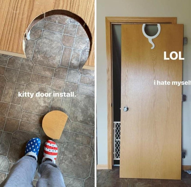 someone tried to make a kitty door but put it on the wrong end of the door