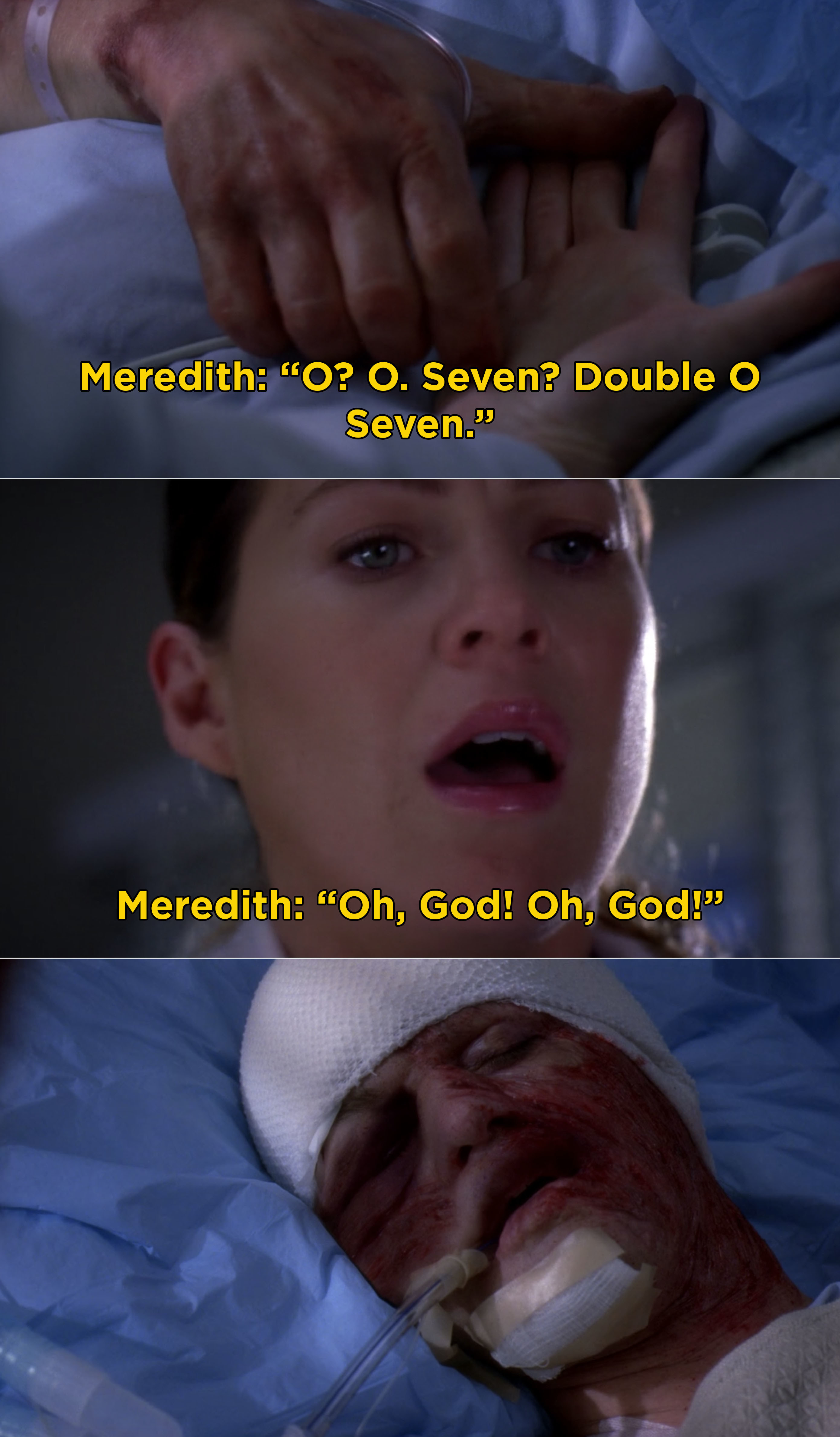 John Doe writing in Meredith&#x27;s hand and Meredith saying, &quot;O? O. Seven. Double O Seven&quot;