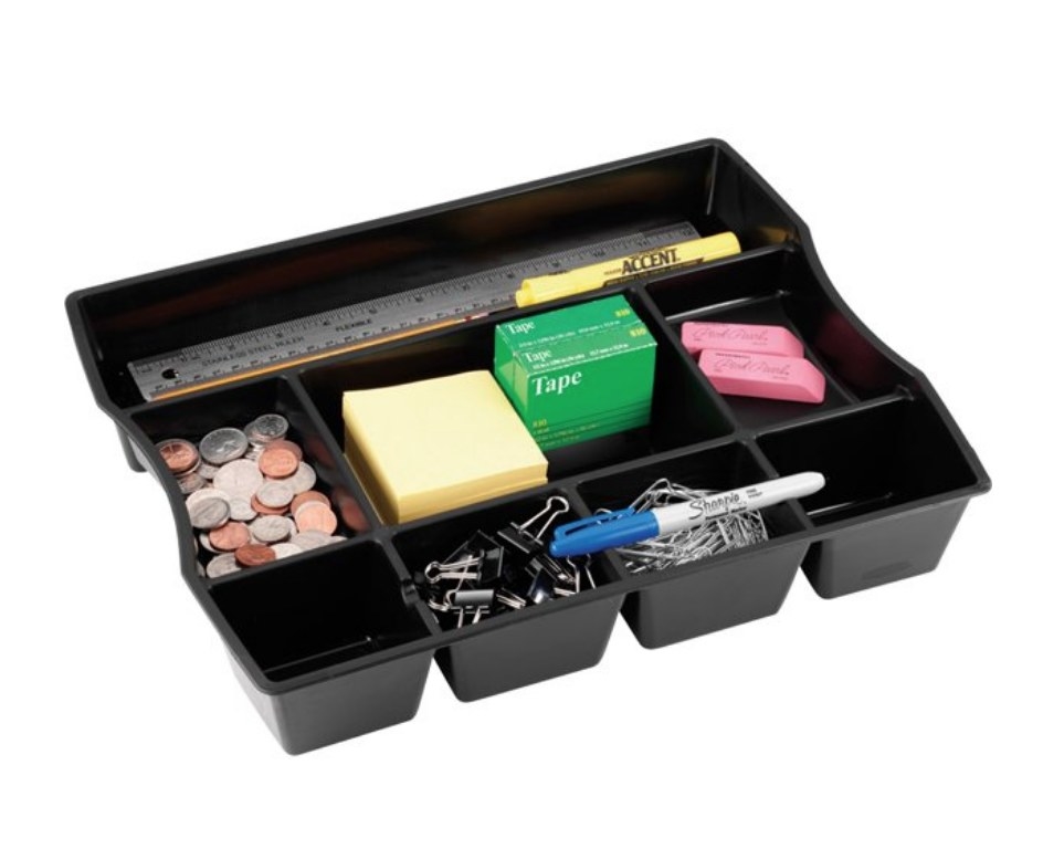 A black plastic drawer organizer with eight small sections