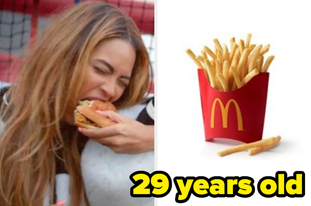 A woman with long hair eats a burger next to an image of Mcdonald's fries
