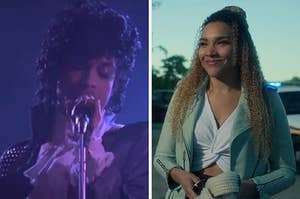 On the left, Prince in the movie "Purple Rain," and on the right Emmy Raver-Lampman as Allison Hargreeves in "The Umbrella Academy"