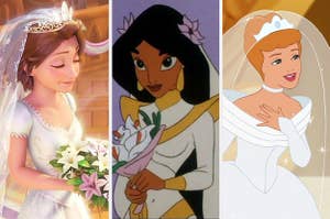 Rapunzel, Jasmine, and Cinderella in their wedding dresses 