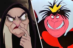 The evil queen from snow white and the red queen from alice in wonderland grimacing