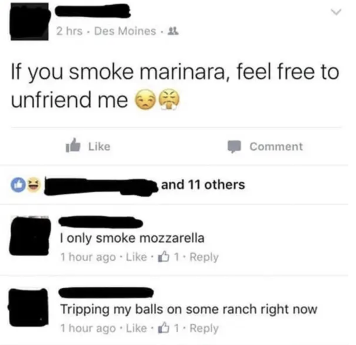 facebook post saying if you smoke marinara feel free to unfriend me