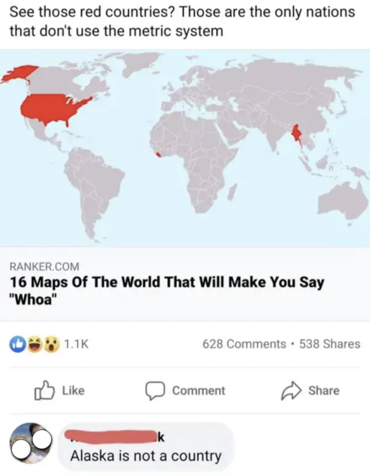 map of the world with countries not using the metric system highlighted red and a guy replies alaska is not a country