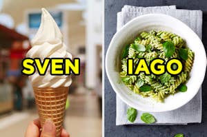 On the left, a vanilla soft serve ice cream cone with "Sven" typed on top of the image, and on the right, a bowl of pesto pasta with "Iago" typed on top of the image