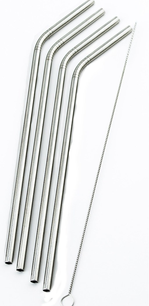 four stainless steel straw and a pipe cleaner 