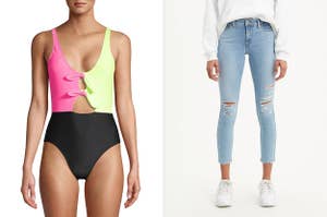 to the left: a model in a two-toned neon one-piece bathing suit, to the right: a model in light wash ripped jeans
