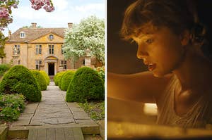On the left, a stately home with a stone path leading up to the front chore, surrounded by blooming trees, and on the right, Taylor Swift in the "Cardigan" music video