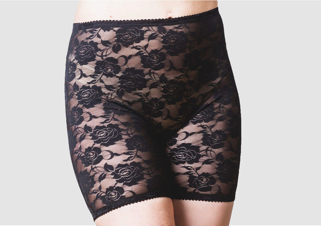 Model in black floral lace stretch shorts