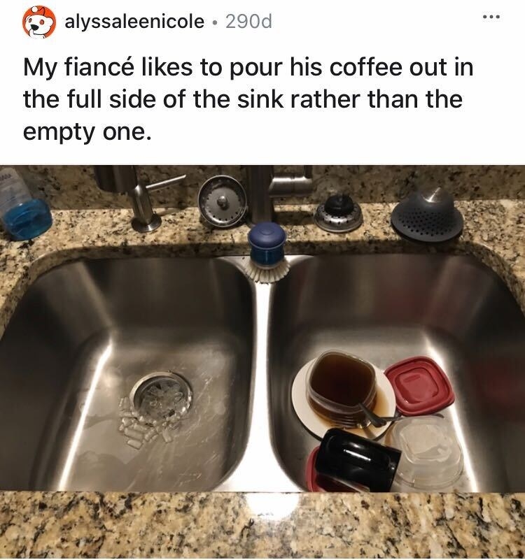 One side of the sink has ice and is empty while the other has dishes that are now covered in coffee