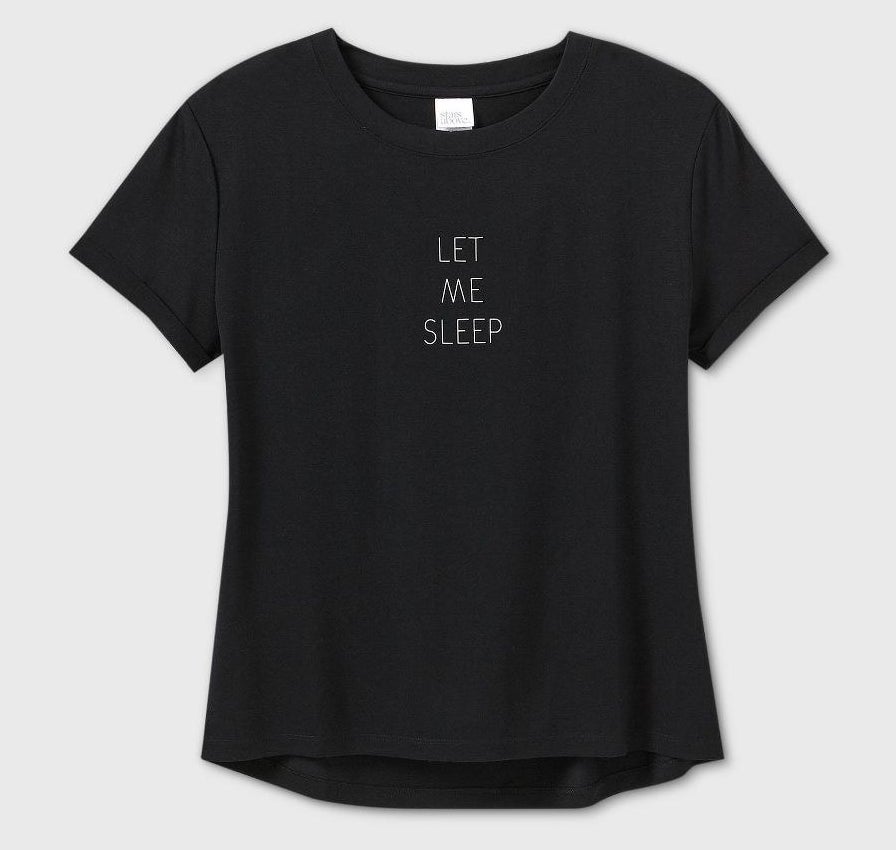 a black t-shirt with the phrase &quot;let me sleep&quot; 