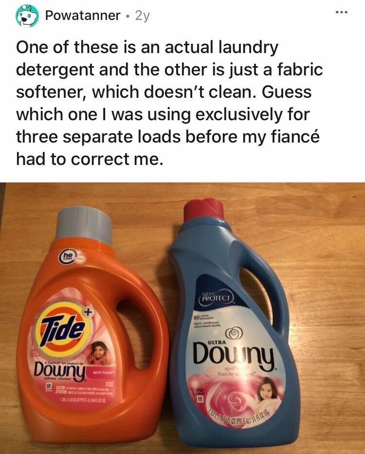 A bottle of Tide detergent and Downy fabric softener, of which the latter was used to wash clothes instead of the detergent