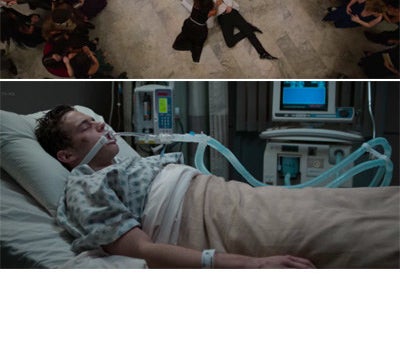 Justin Foley unconscious on the dance floor at prom and then in a hospital bed