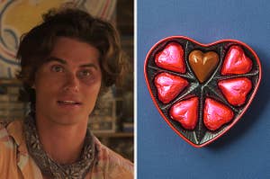 An image of John B from Outer Banks next to an image of a heart-shaped box full of chocolates
