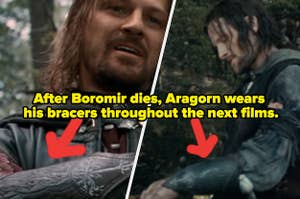 Boromir and Aragorn from "The Lord of the Rings" with text reading "After Boromir dies, Aragorn wears his bracers throughout the next films.