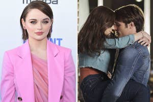 Joey King on a red carpet / Joey and Jacob Elordi embraced in a "Kissing Booth 2" scene