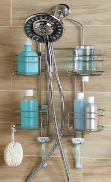 The metal shower caddy with multiple shelves and razor holders 