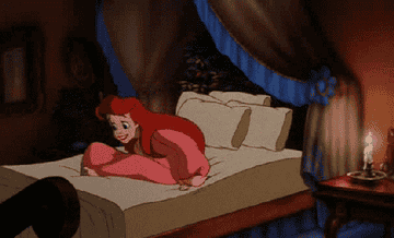 Cartoon girl flopping happily on her mattress. 