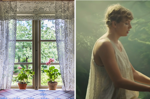 On the left, a kitchen window with lacy curtains and two flower pots sitting in the windowsill looking out at a lush field, and on the right, Taylor Swift plays the piano in the