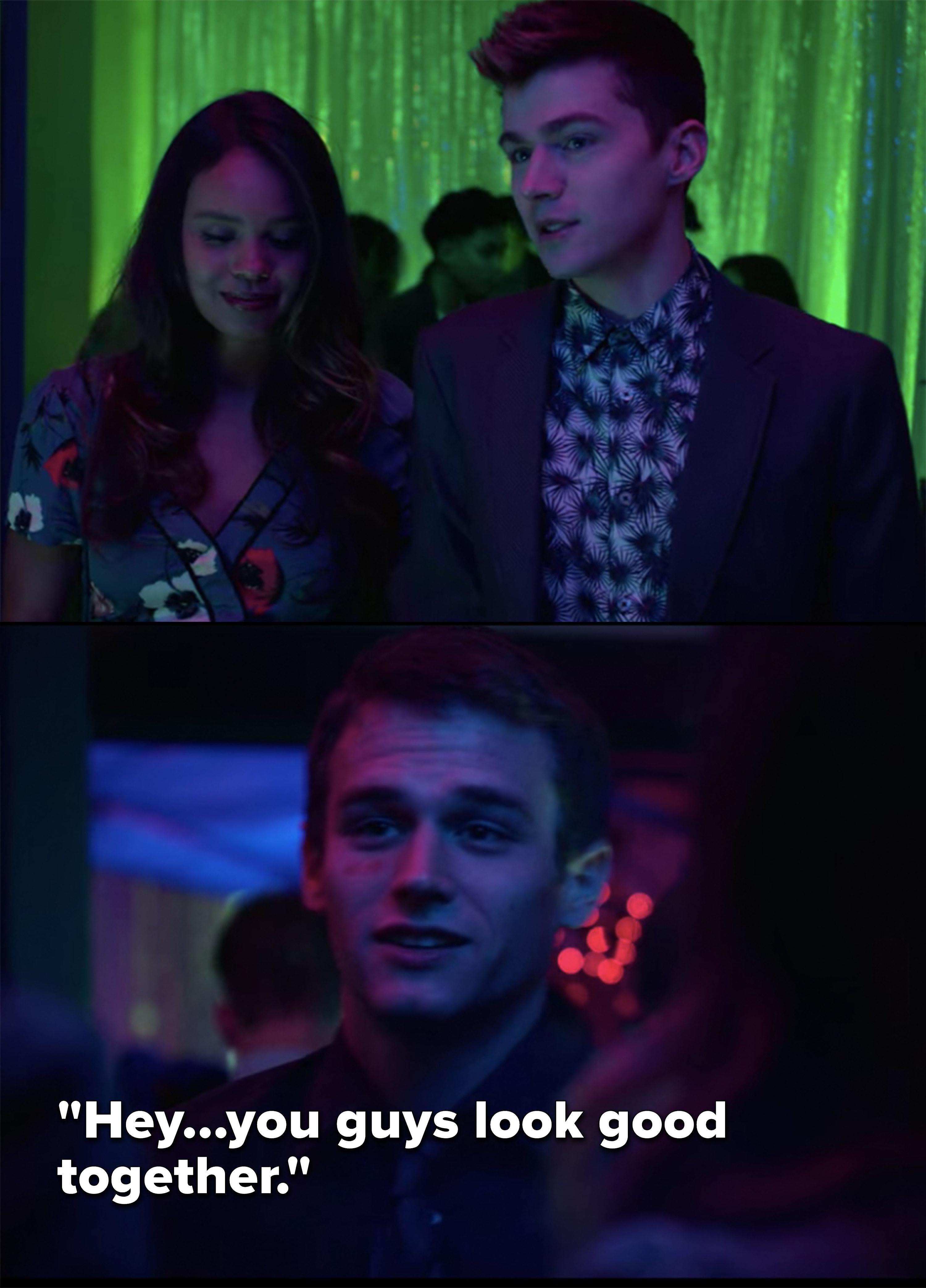 Justin awkwardly greets Jessica and Alex at the dance and says they look good together