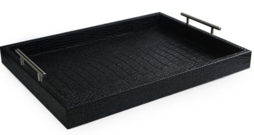 The black leather serving tray with silver handles