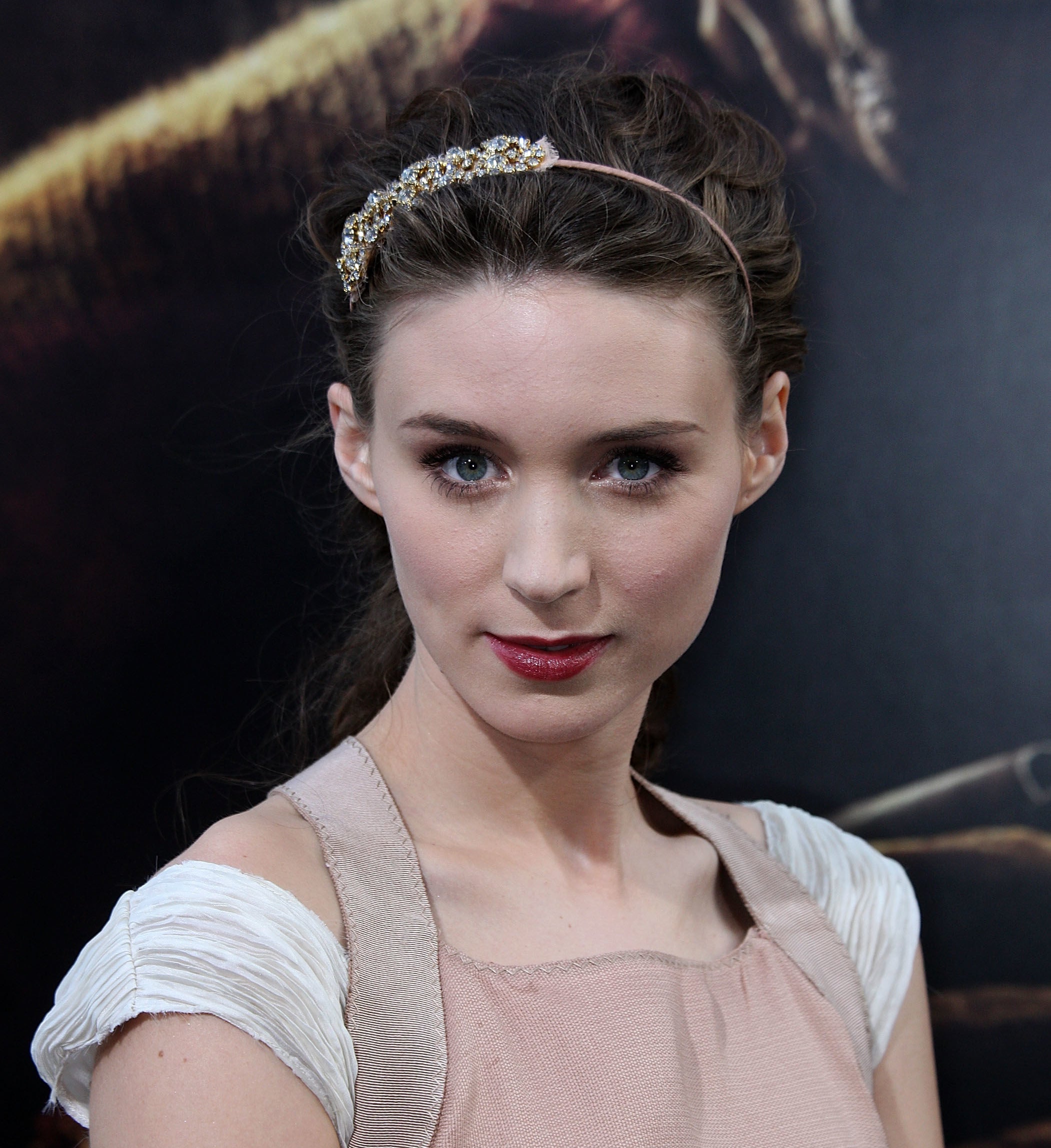Rooney Mara in an off white and nude dress at with a tiara in her hair at the premiere of &quot;Nightmare On Elm Street&quot; in April 2010.