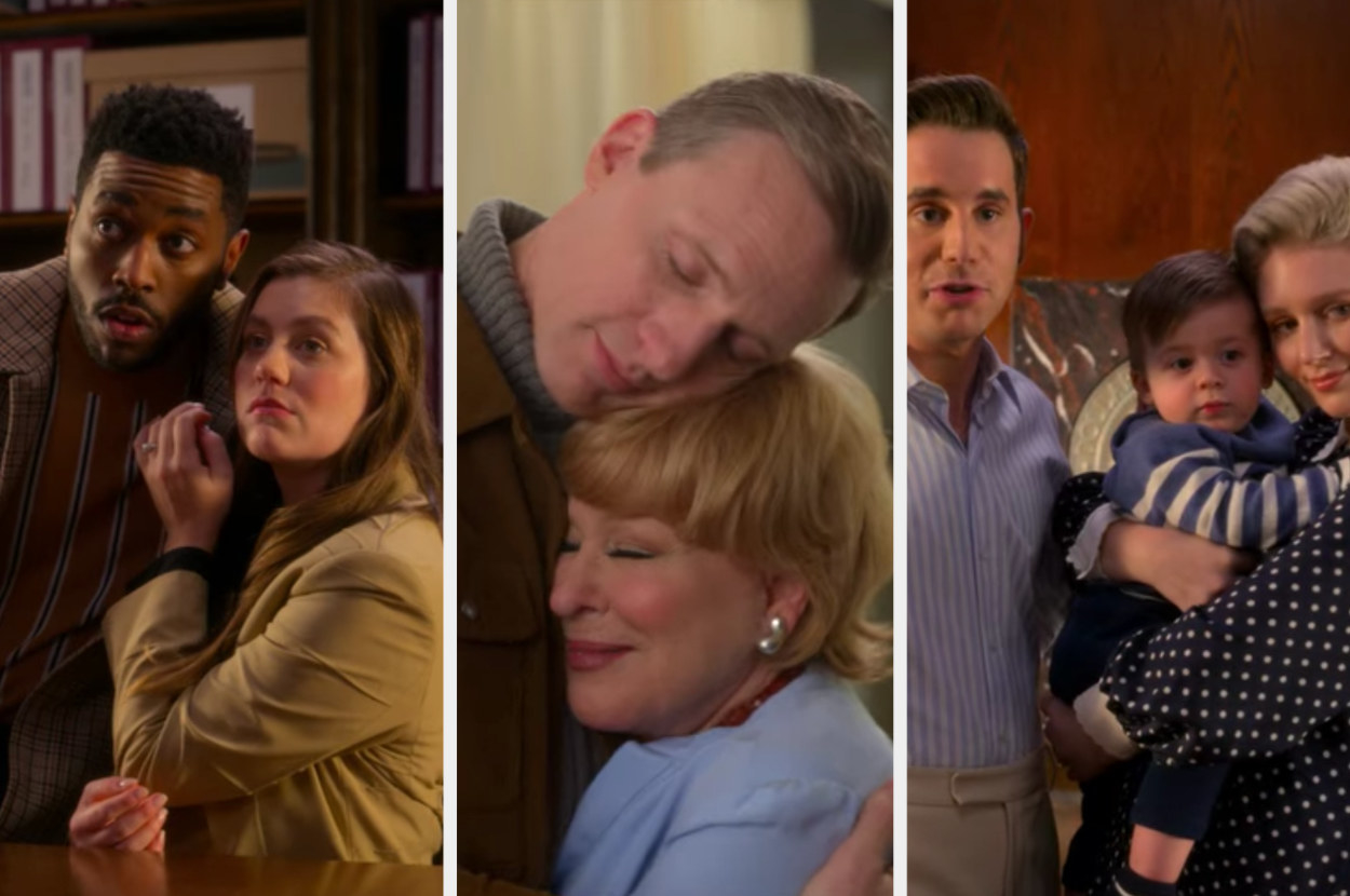 A split image from The Politician showing 3 images - 1 is of Macafee and her new boyfriend who are embracing, another is of Hadassah and William hugging, and the last image shows Payton with Alice and their child hugging